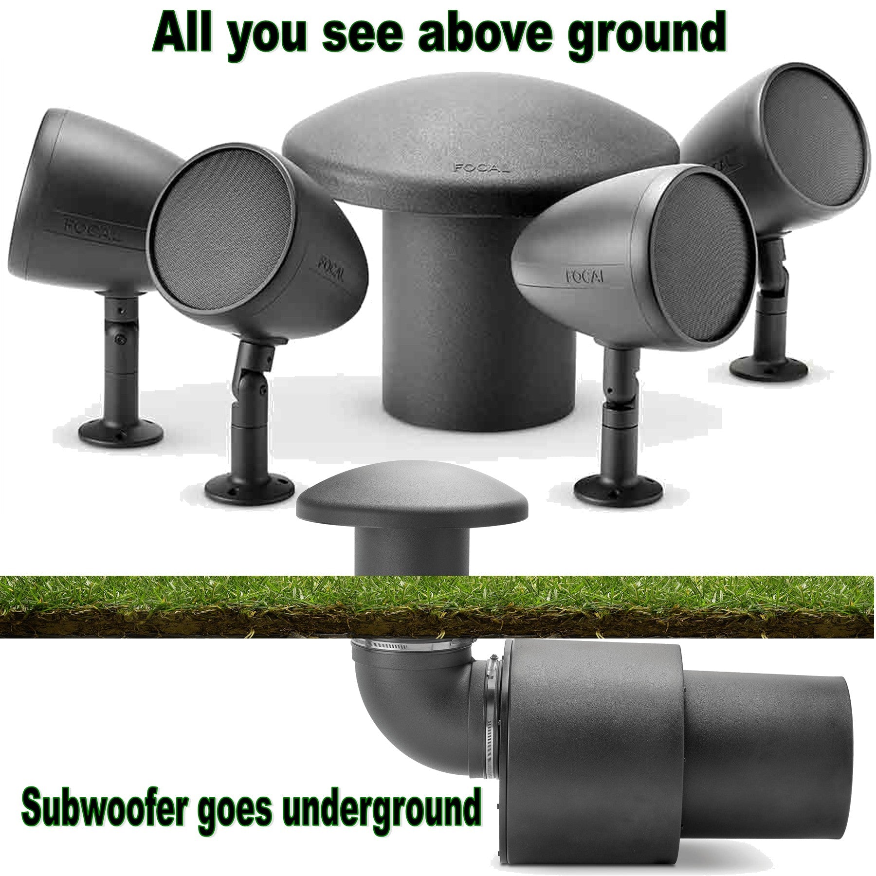 Outdoor speaker system with above-ground and underground components.