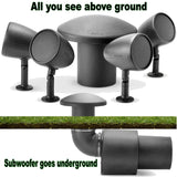 Outdoor speaker system with above-ground and underground components.