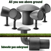 Outdoor speaker system with above-ground and underground components.