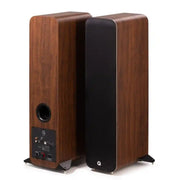 Q Acoustics M40 HD Wireless Music System Floorstanding Speaker in Walnut (Pair) Rear View and with Grille - Audiolab