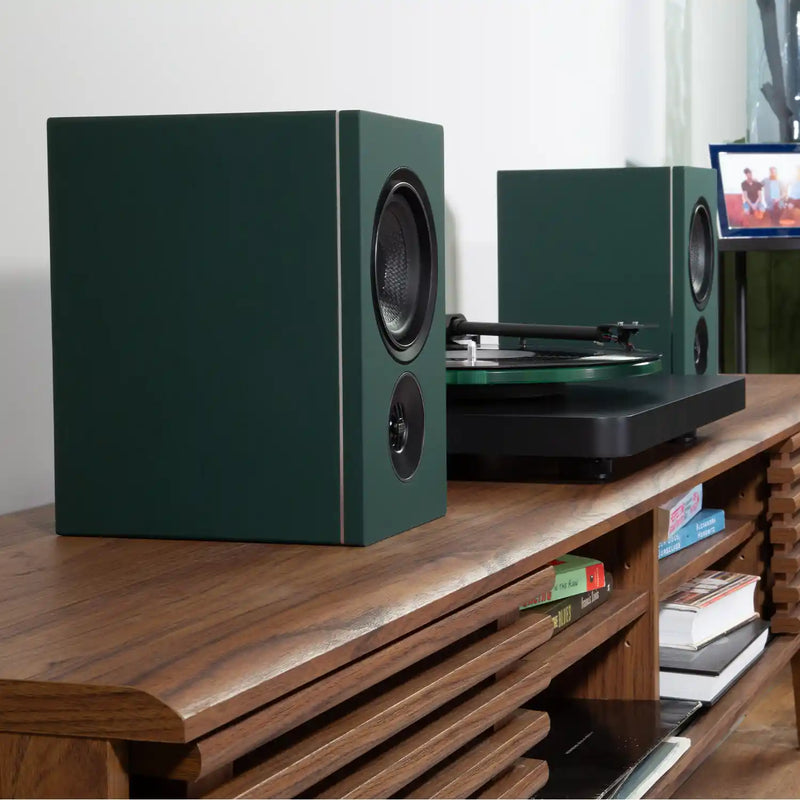 PSB iQ2 BluOS Streaming Powered Speaker in Boreal Green (Pair) Lifestyle - Audiolab