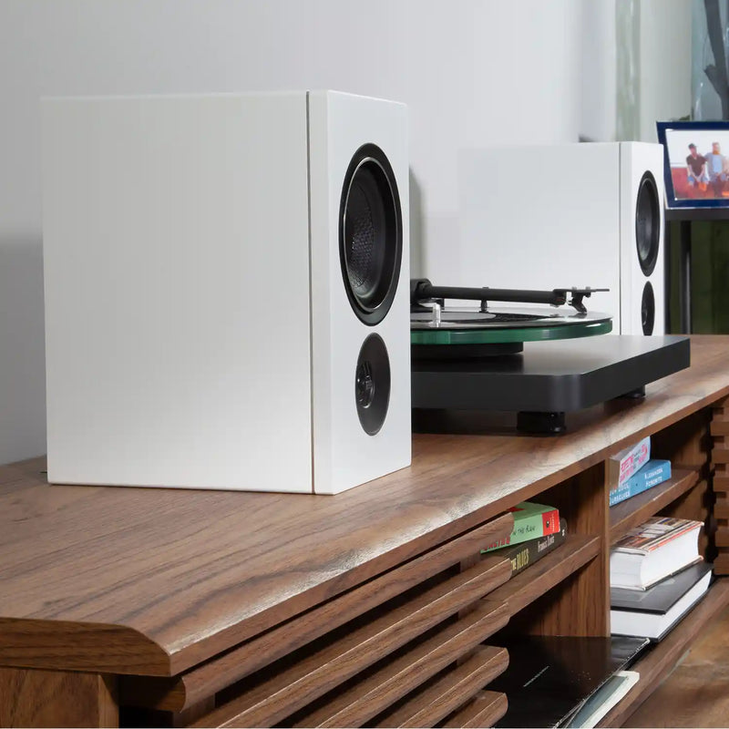 PSB iQ2 BluOS Streaming Powered Speaker in White (Pair) Lifestyle - Audiolab
